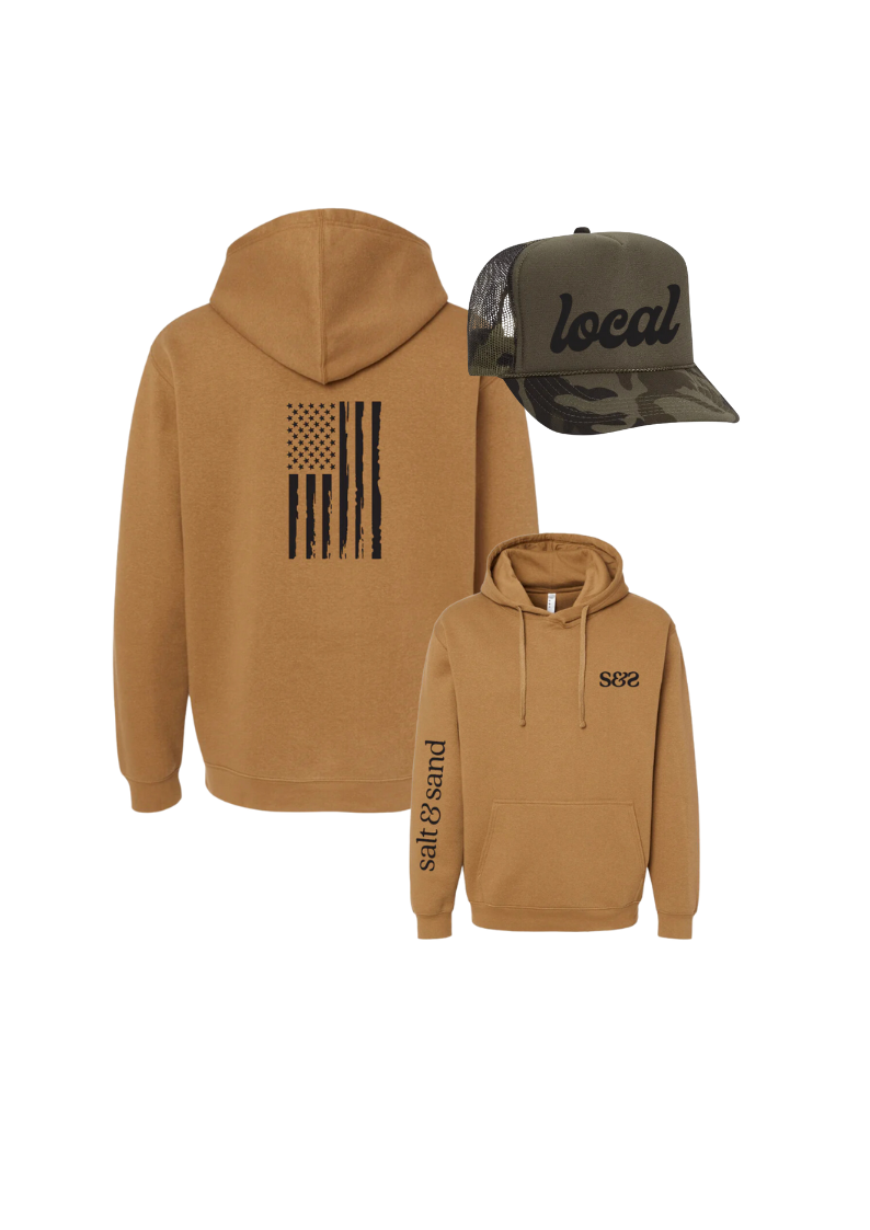 Patriotic Hoodie and Camo Trucker Foam Hat Bundle / Salt & Sand