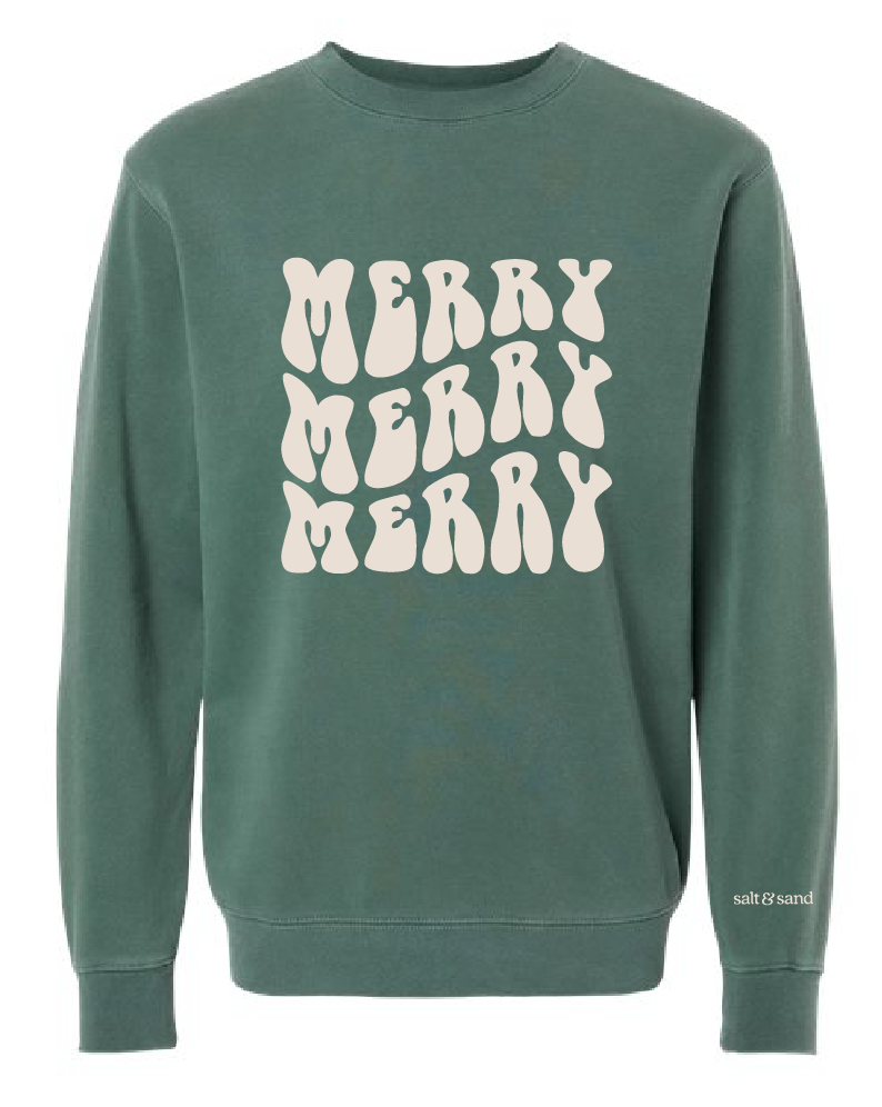 Merry Merry Merry / Midweight Pigment-Dyed Crewneck Sweatshirt / Pigment Alpine Green / Christmas
