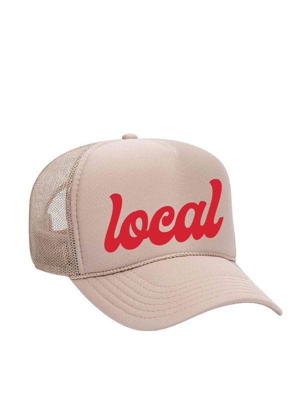 5-Panel High Crown Foam Trucker Hat / Tan + Red / Local saltandsandshop