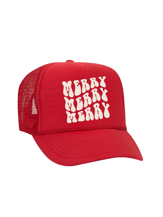 Merry Merry Merry High Crown Foam Trucker Hat / Red / Christmas