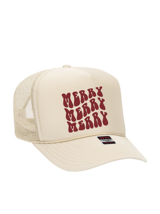 Merry Merry Merry High Crown Foam Trucker Hat / Khaki / Christmas