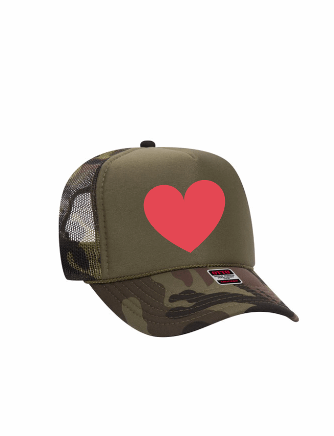 Camo Heart / 5-Panel High Crown Foam Trucker Hat / 4 colors / Valentine's Day