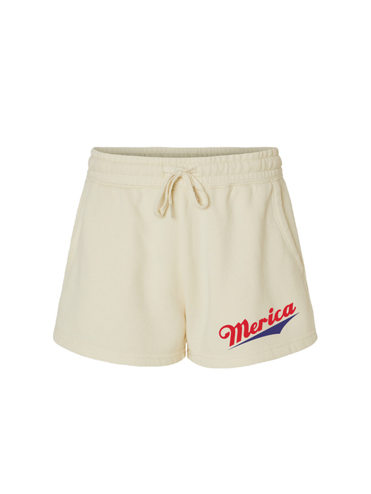 ' Merica / Women’s Lightweight Wave Wash Fleece Shorts / Bone / Patriotic